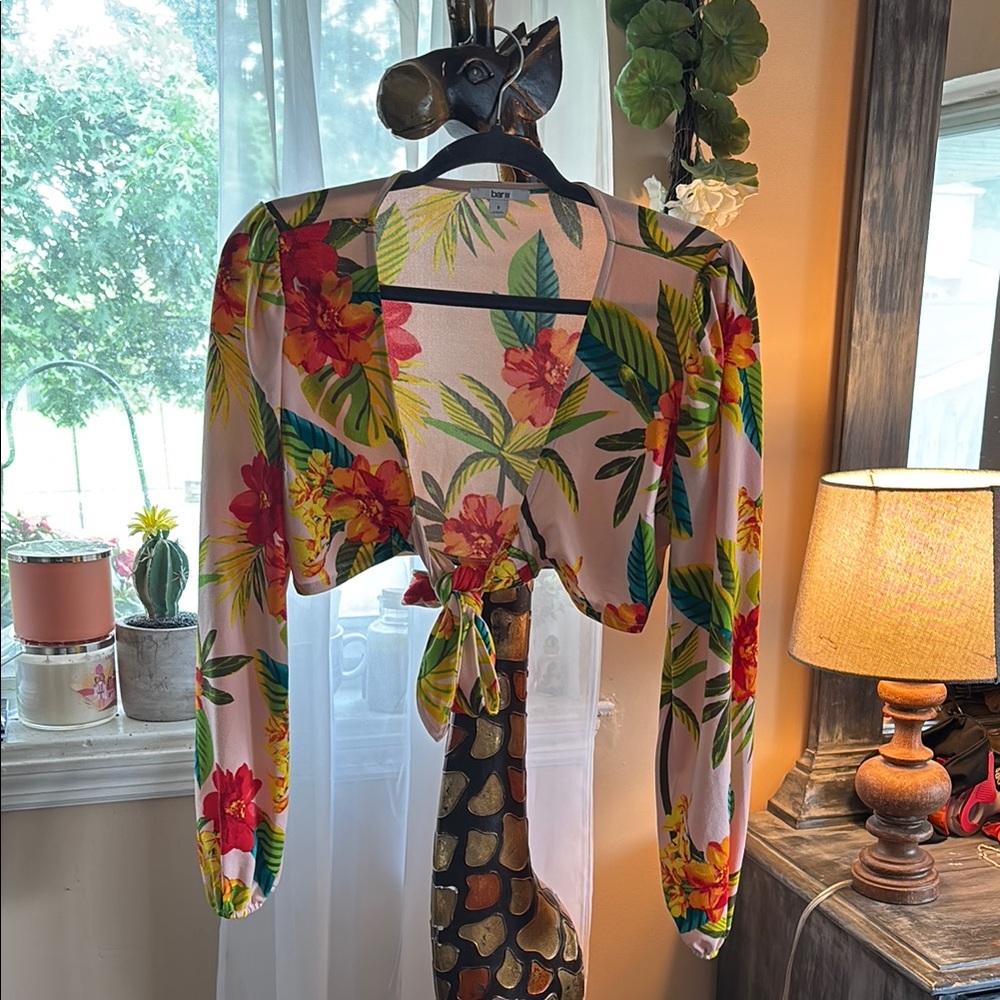 Bar III Tropical Print Long Sleeve Wrap Top